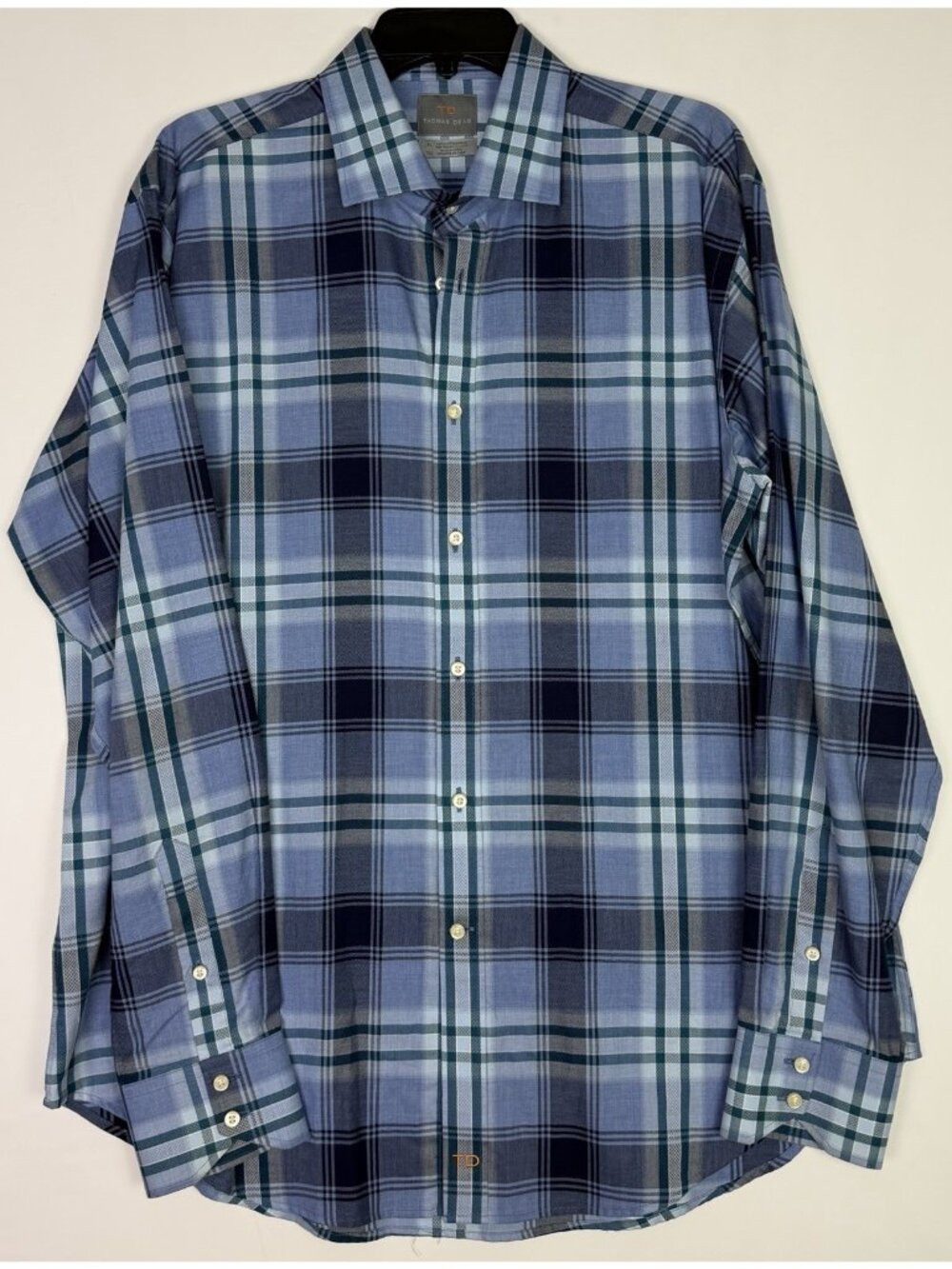 Thomas Dean Mens XL Long Sleeve Plaid Dress Shirt Blue Grey 100% Cotton